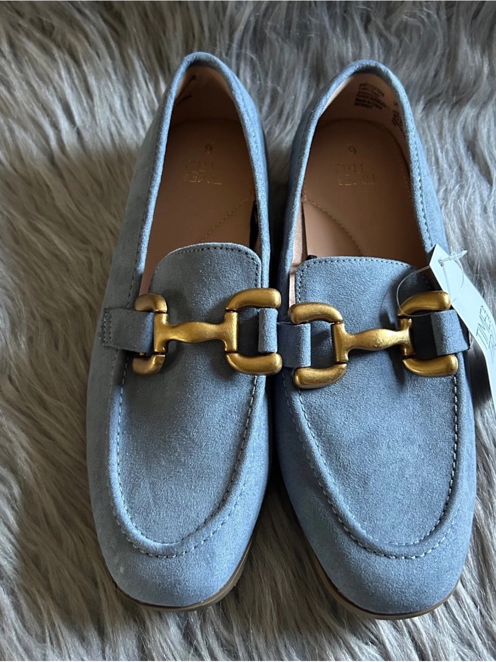 Time and Tru Light Blue Suede Loafers with Gold Hardware